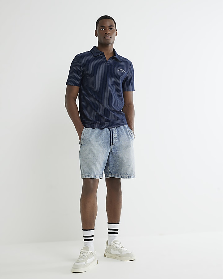 River Island Navy Slim Fit Stripe Open Neck Polo Shirt
