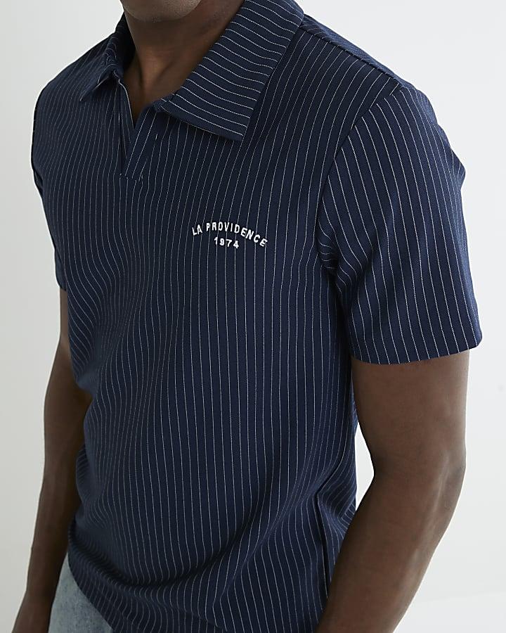 River Island Navy Slim Fit Stripe Open Neck Polo Shirt