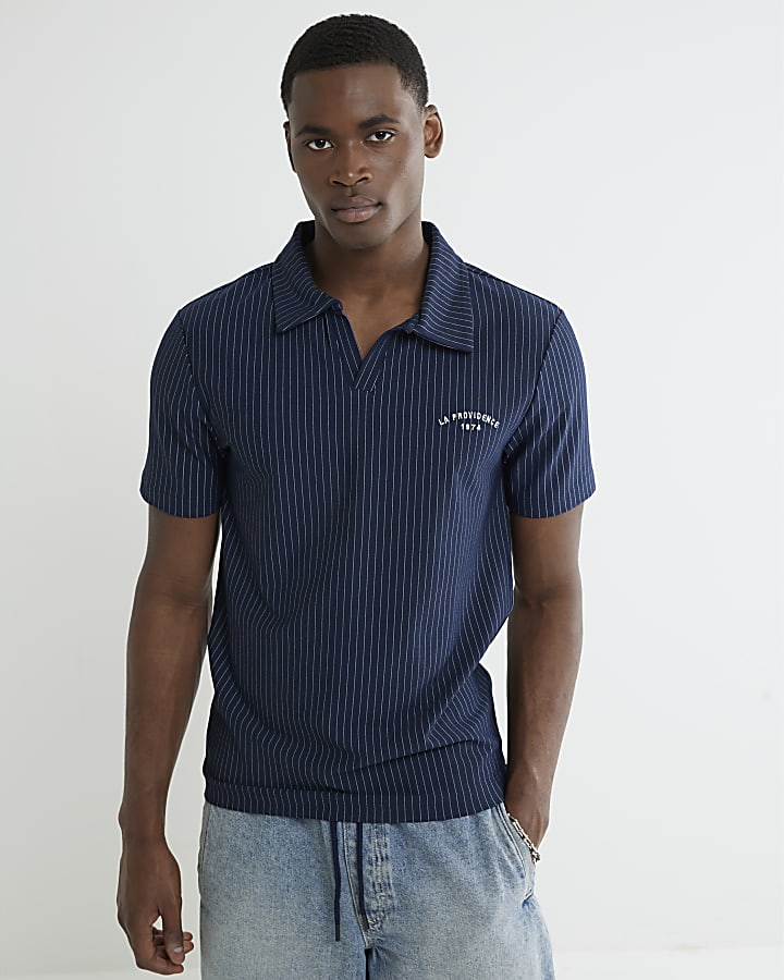 River Island Navy Slim Fit Stripe Open Neck Polo Shirt