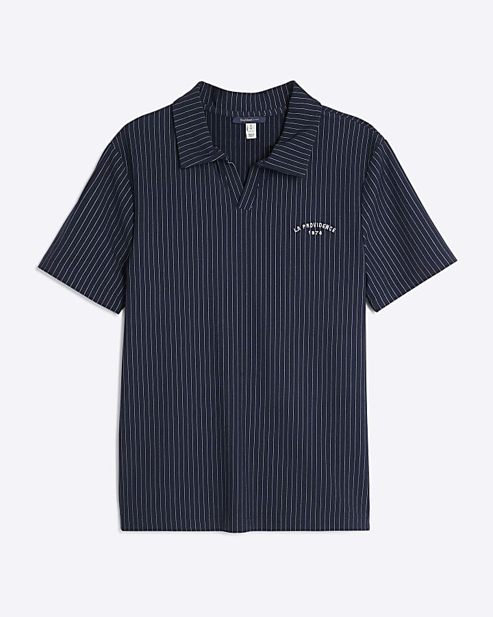 river island Navy Slim Fit Stripe Open Neck Polo Shirt