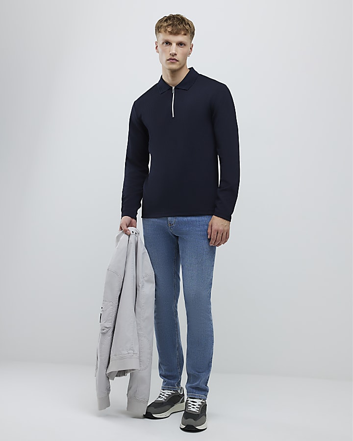 River Island Navy Slim Fit Textured Zip Neck Polo Shirt