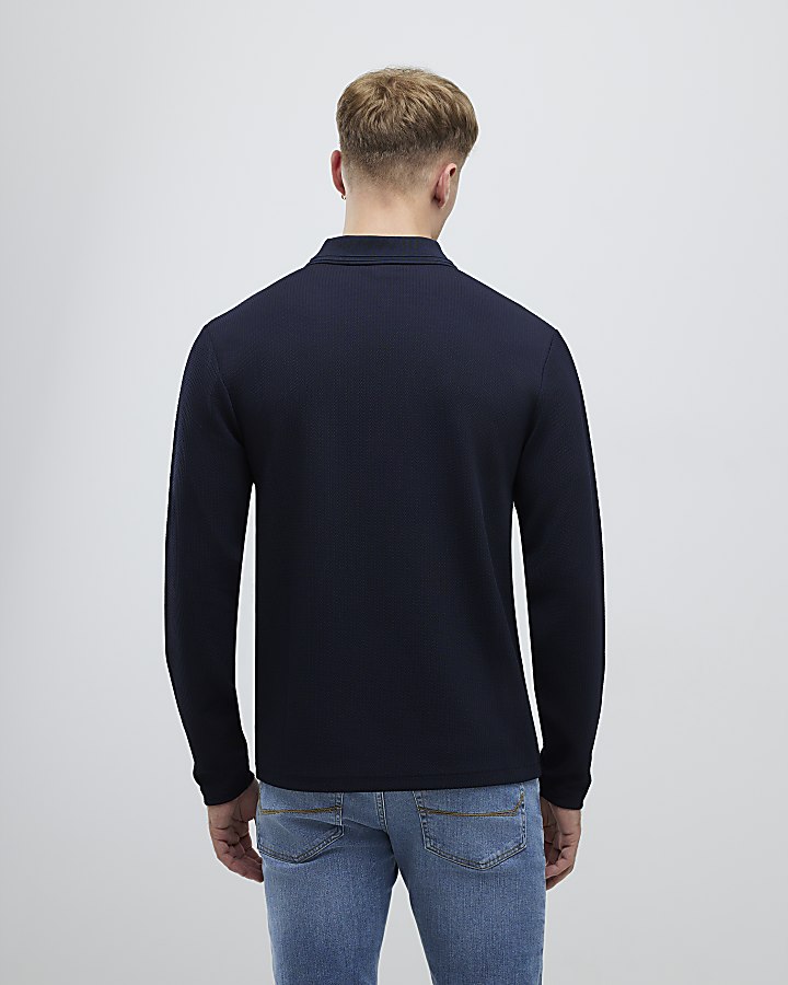 River Island Navy Slim Fit Textured Zip Neck Polo Shirt