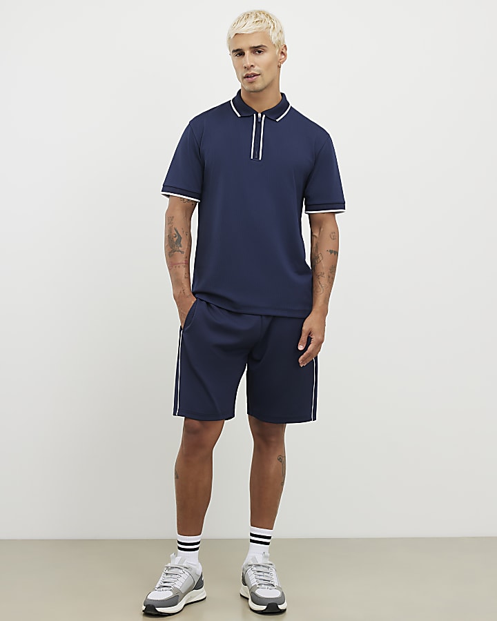 River Island Navy Slim Fit Textured Zip Tipped Polo Shirt