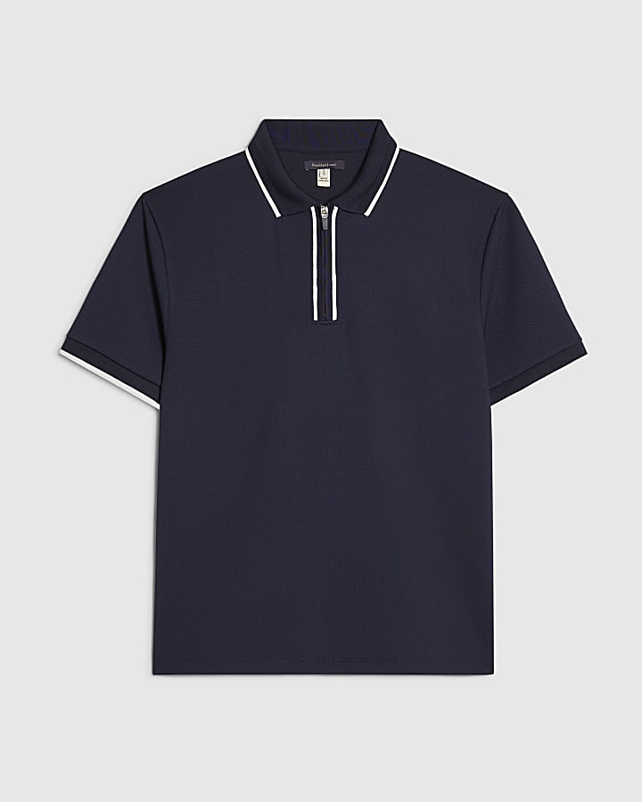 river island Navy Slim Fit Textured Zip Tipped Polo Shirt