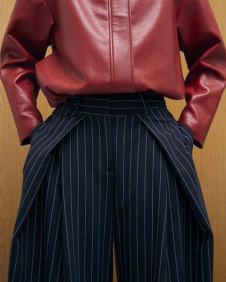River Island Navy Stripe Deep Pleated Wide Leg Trousers
