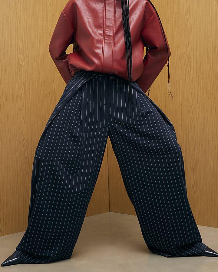 River Island Navy Stripe Deep Pleated Wide Leg Trousers