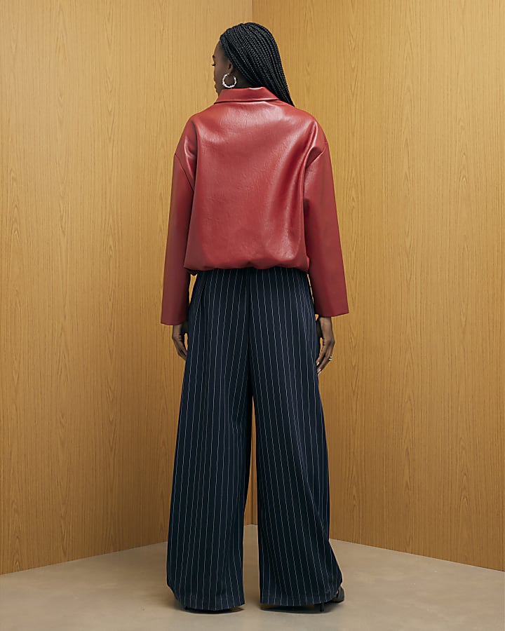 River Island Navy Stripe Deep Pleated Wide Leg Trousers