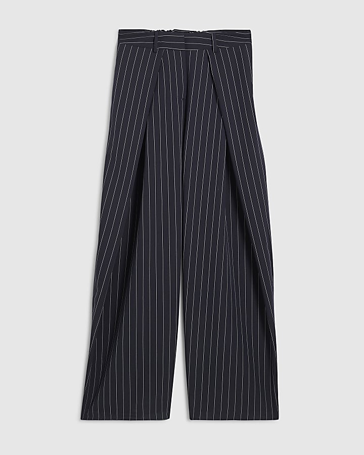 river island Navy Stripe Deep Pleated Wide Leg Trousers