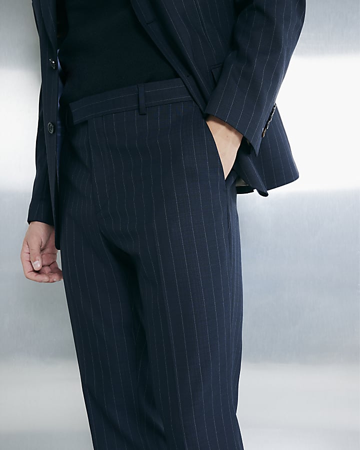 River Island Navy Tailored Fit Stripe Suit Trousers