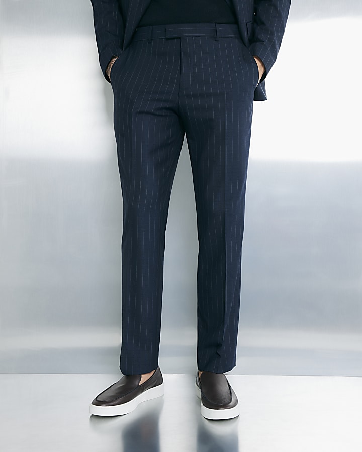 River Island Navy Tailored Fit Stripe Suit Trousers