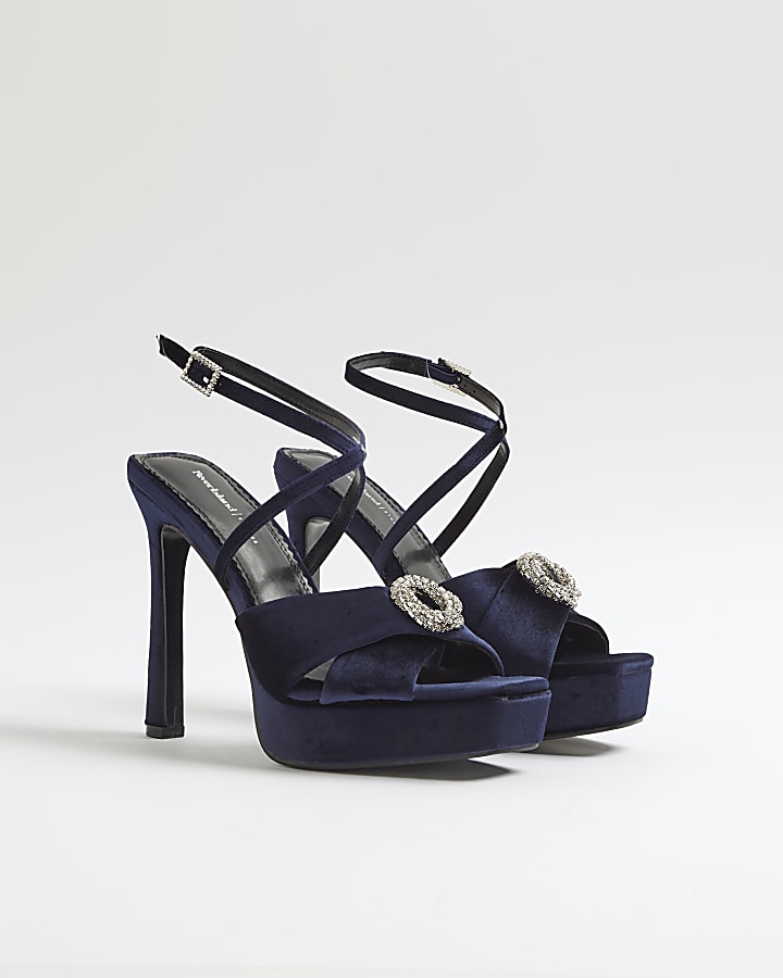 River Island Navy Velvet Buckle Platform Heeled Sandals