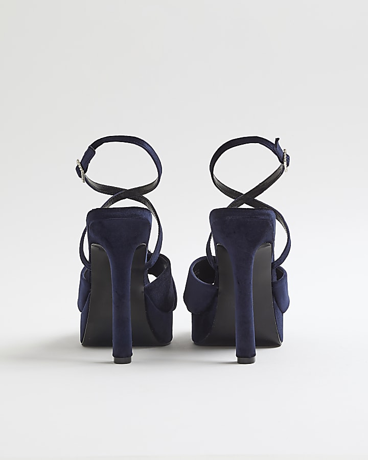 River Island Navy Velvet Buckle Platform Heeled Sandals