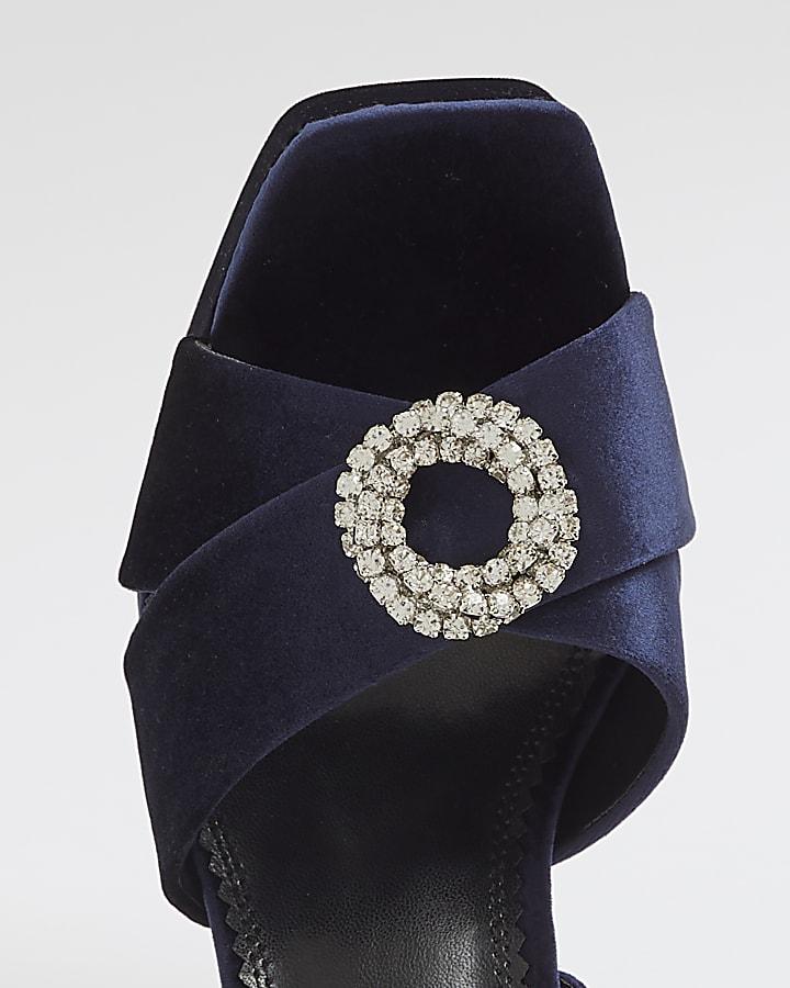 River Island Navy Velvet Buckle Platform Heeled Sandals