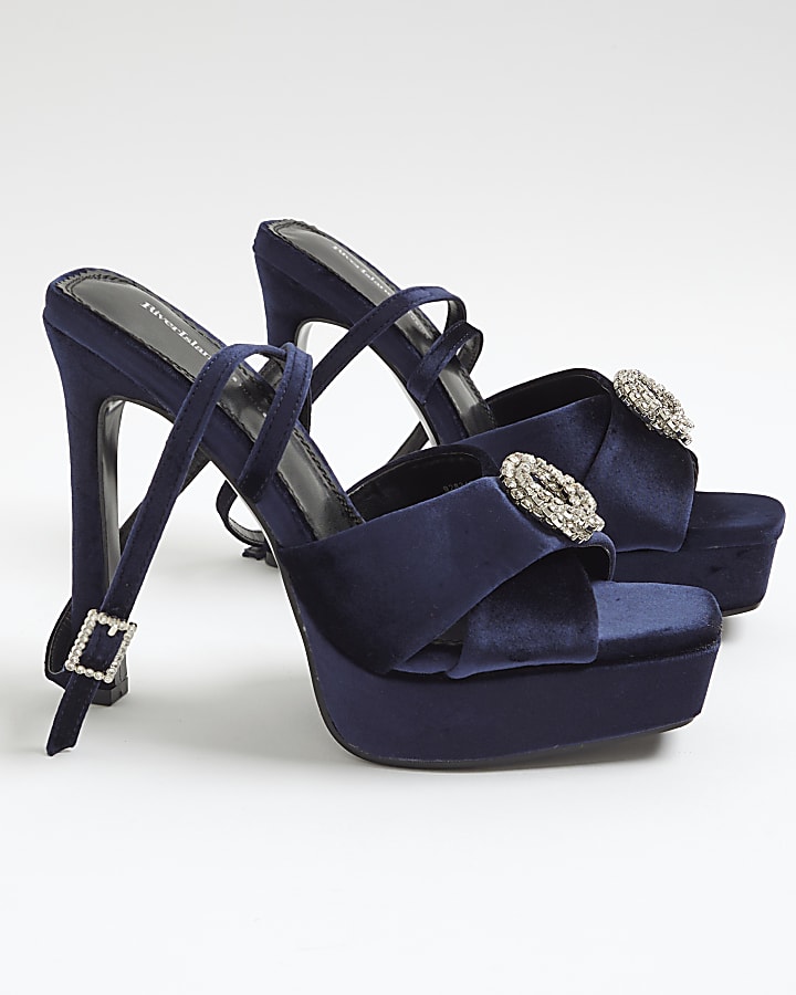 river island Navy Velvet Buckle Platform Heeled Sandals