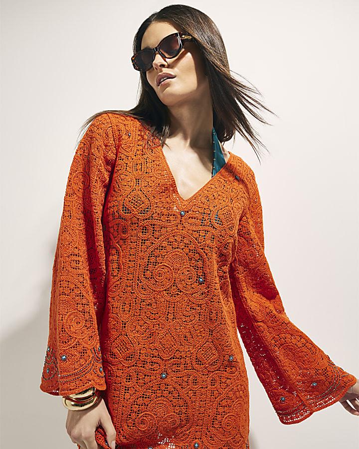 River Island Orange Crochet Embellished Mini Beach Tunic
