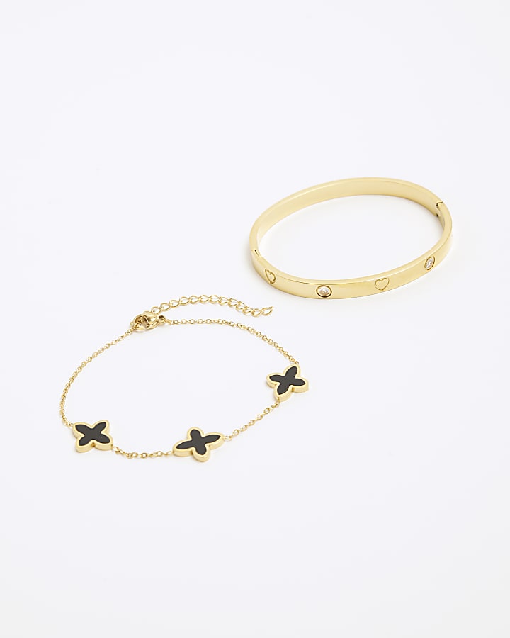 River Island Pack Of 2 Gold Bangle Clover Bracelets