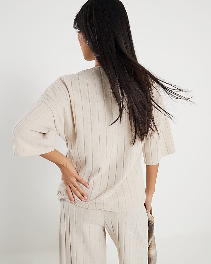 River Island Petite Beige Cosy Wide Ribbed Knot Side Top