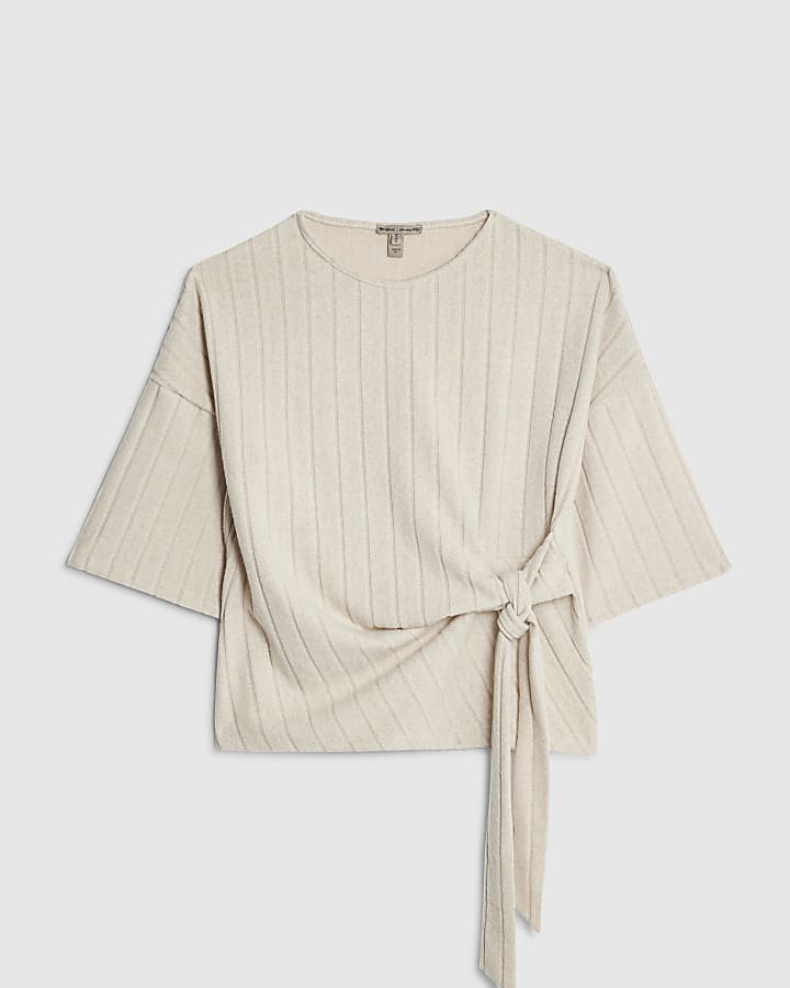 river island Petite Beige Cosy Wide Ribbed Knot Side Top