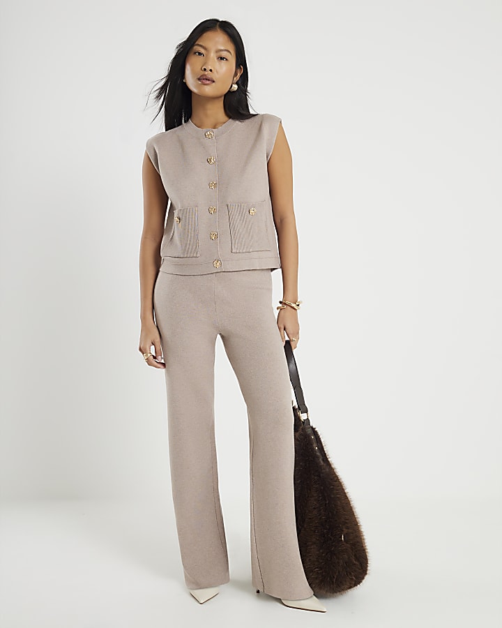 River Island Petite Beige Wide Leg Knitted Trousers