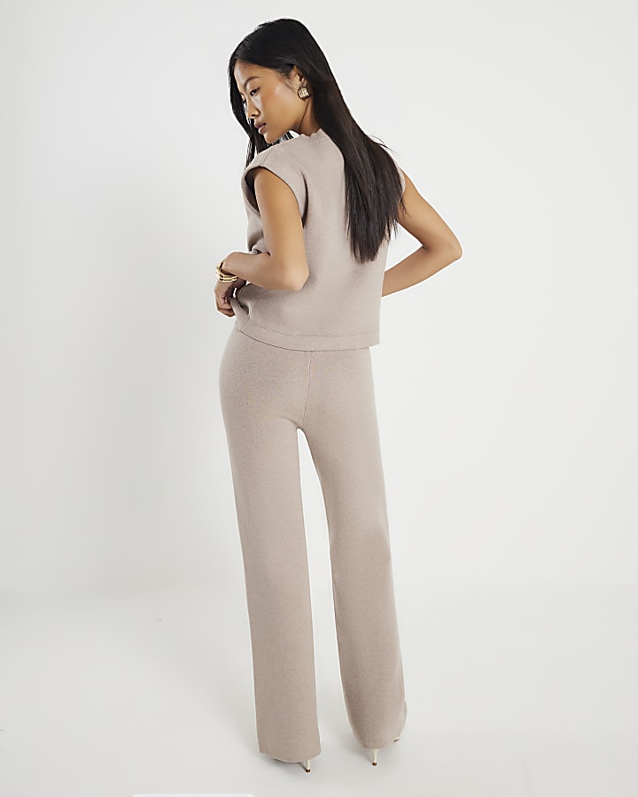 River Island Petite Beige Wide Leg Knitted Trousers