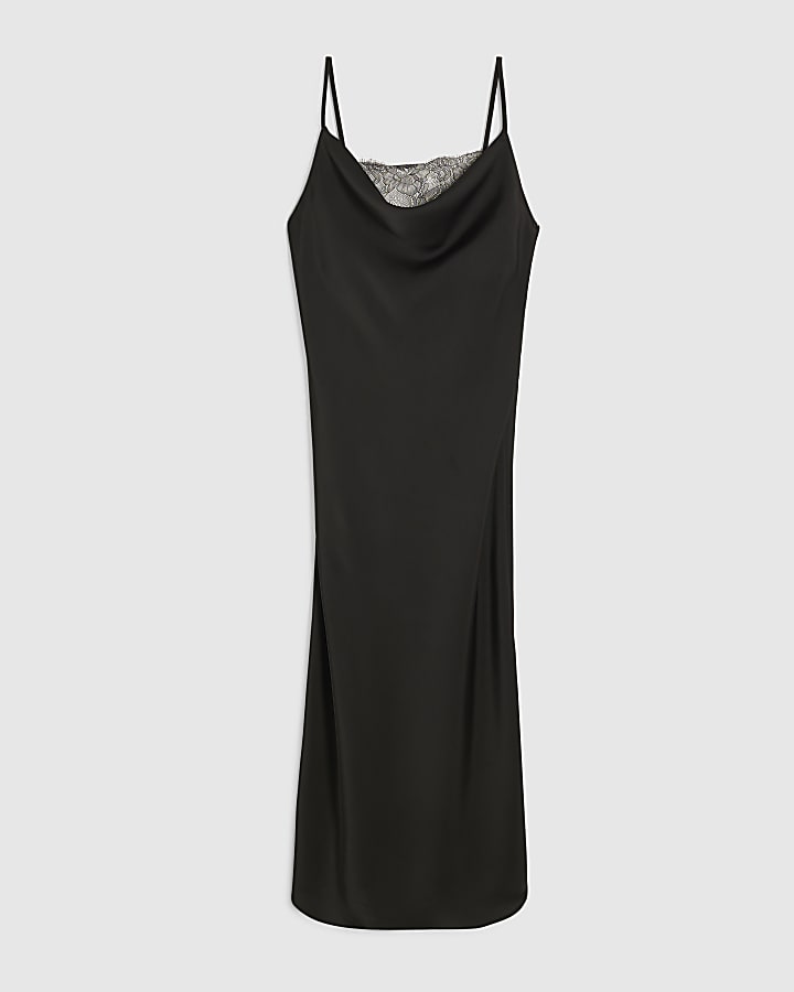 river island Petite Black Cowl Neck Lace Trim Midi Dress