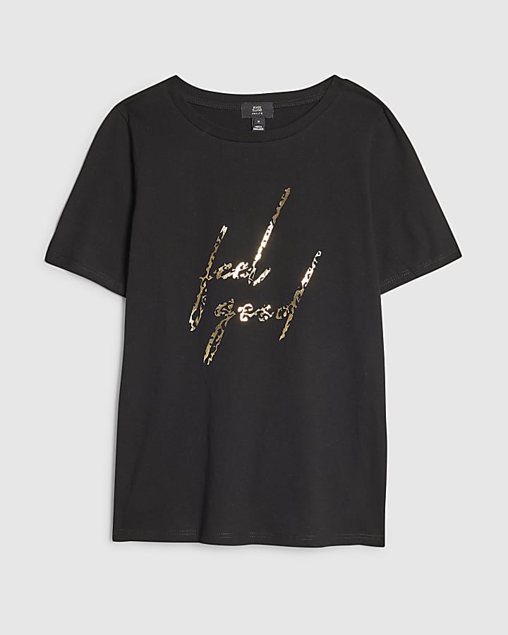 river island Petite Black Feel Good Leopard Print T-Shirt