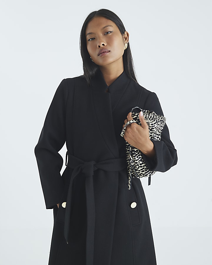 River Island Petite Black Notch Collar Belted Wrap Coat