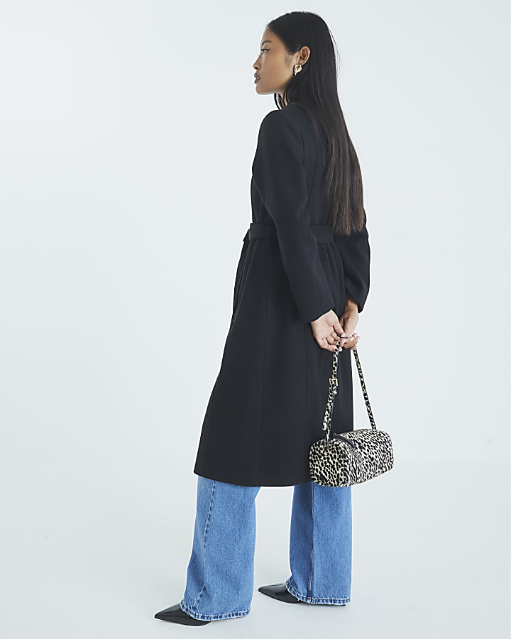 River Island Petite Black Notch Collar Belted Wrap Coat