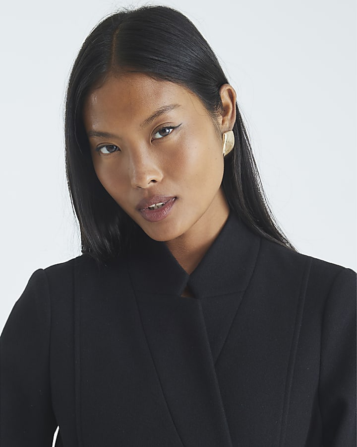 River Island Petite Black Notch Collar Belted Wrap Coat