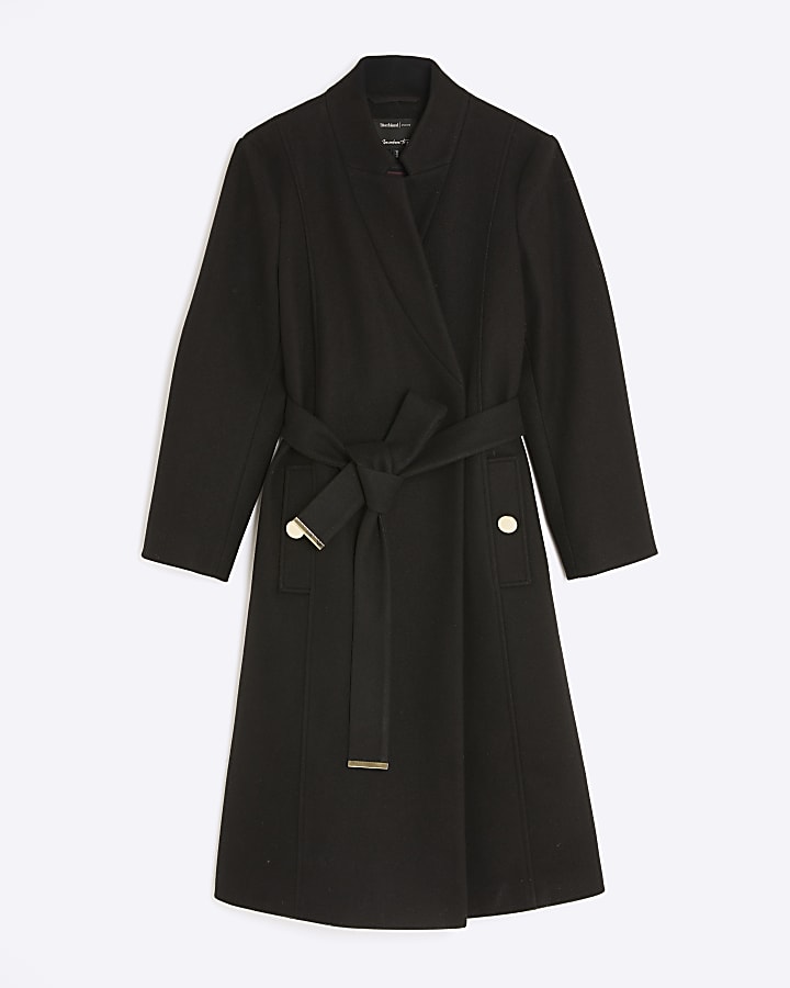 river island Petite Black Notch Collar Belted Wrap Coat