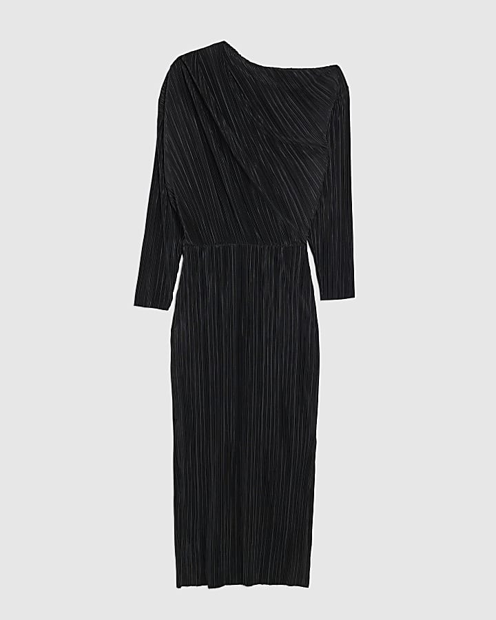 river island Petite Black Plisse Asymmetric Midi Dress