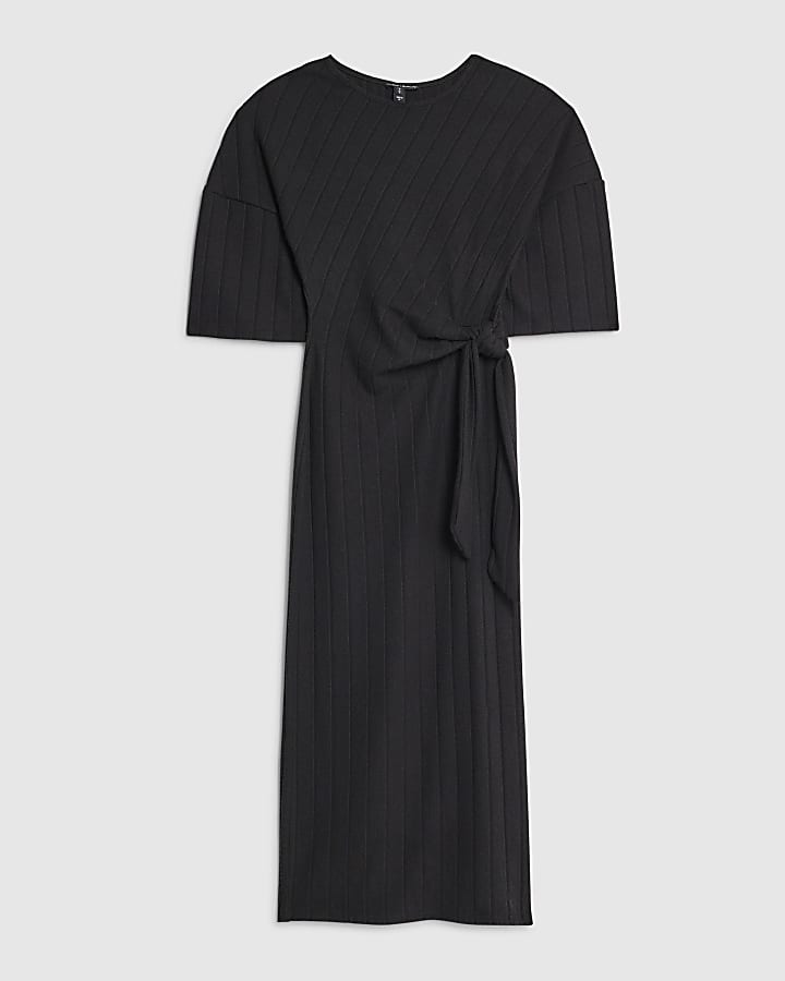 River Island Petite Black Short Sleeve Ribbed Cosy Dress
