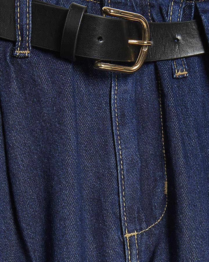 River Island Petite Blue Belted Pleated Wide Leg Jeans