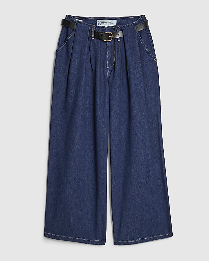 River Island Petite Blue Belted Pleated Wide Leg Jeans