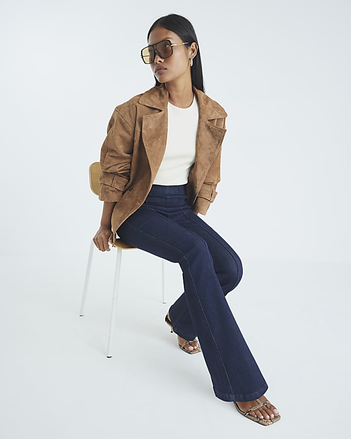 River Island Petite Blue High Rise Pull On Flared Jeans