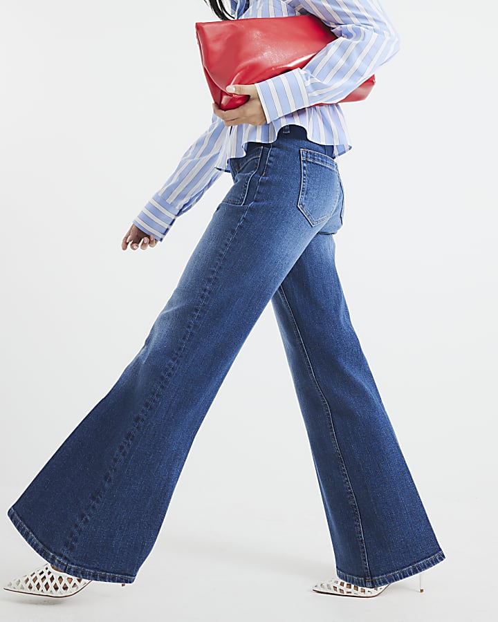River Island Petite Blue High Rise Relaxed Flare Jeans