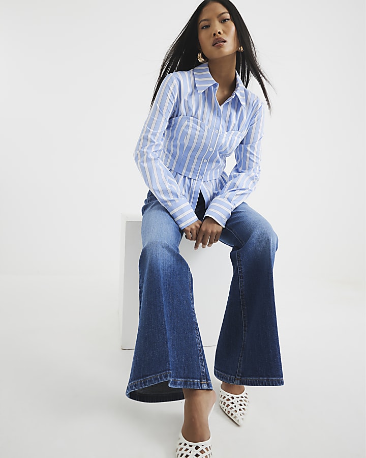 River Island Petite Blue High Rise Relaxed Flare Jeans