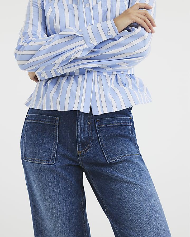 River Island Petite Blue High Rise Relaxed Flare Jeans