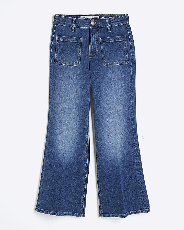river island Petite Blue High Rise Relaxed Flare Jeans