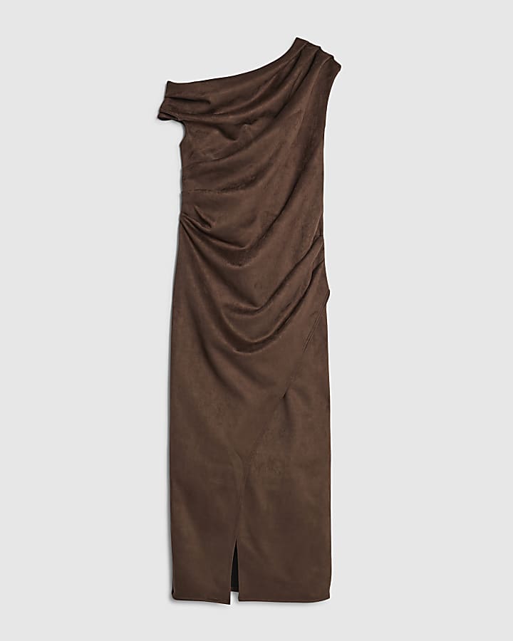 River Island Petite Brown Faux Suede Drape Midi Dress