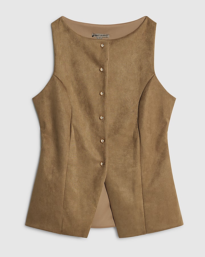 River Island Petite Brown Faux Suede Sleeveless Waistcoat