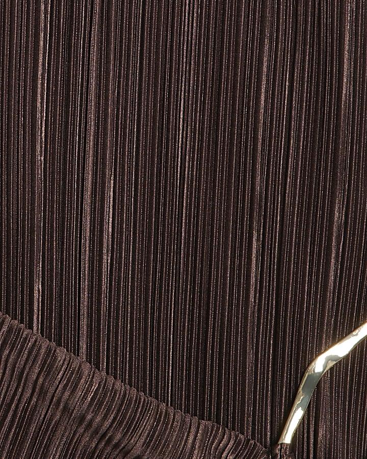 River Island Petite Brown Plisse Buckle Detail Midi Dress