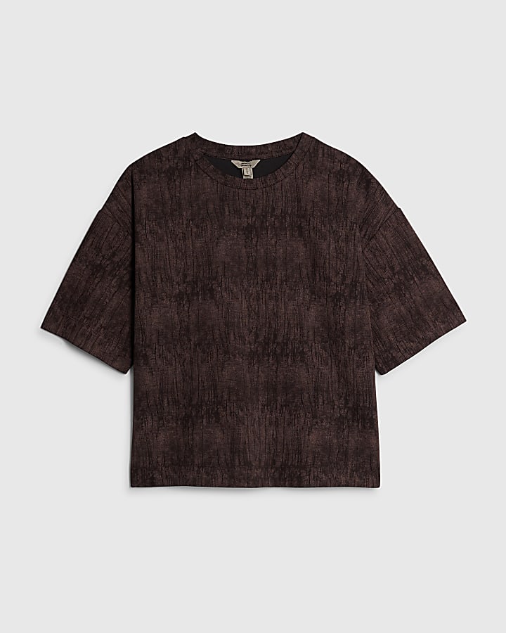 river island Petite Brown Premium Crinkle Boxy T-shirt