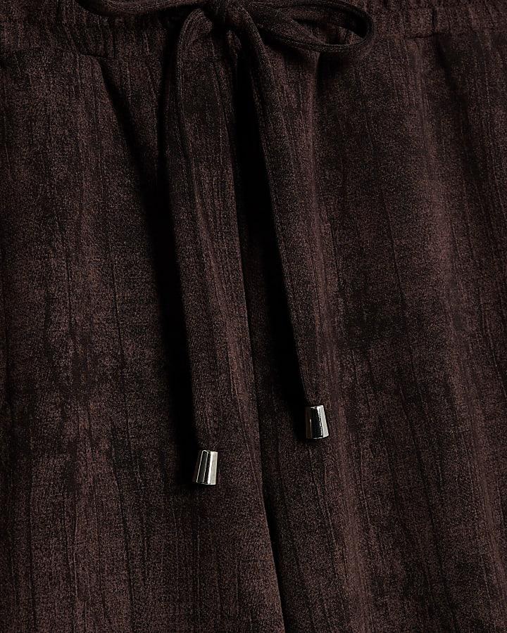 River Island Petite Brown Premium Crinkle Wide Leg Joggers