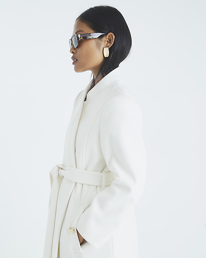 River Island Petite Cream Notch Collar Belted Wrap Coat