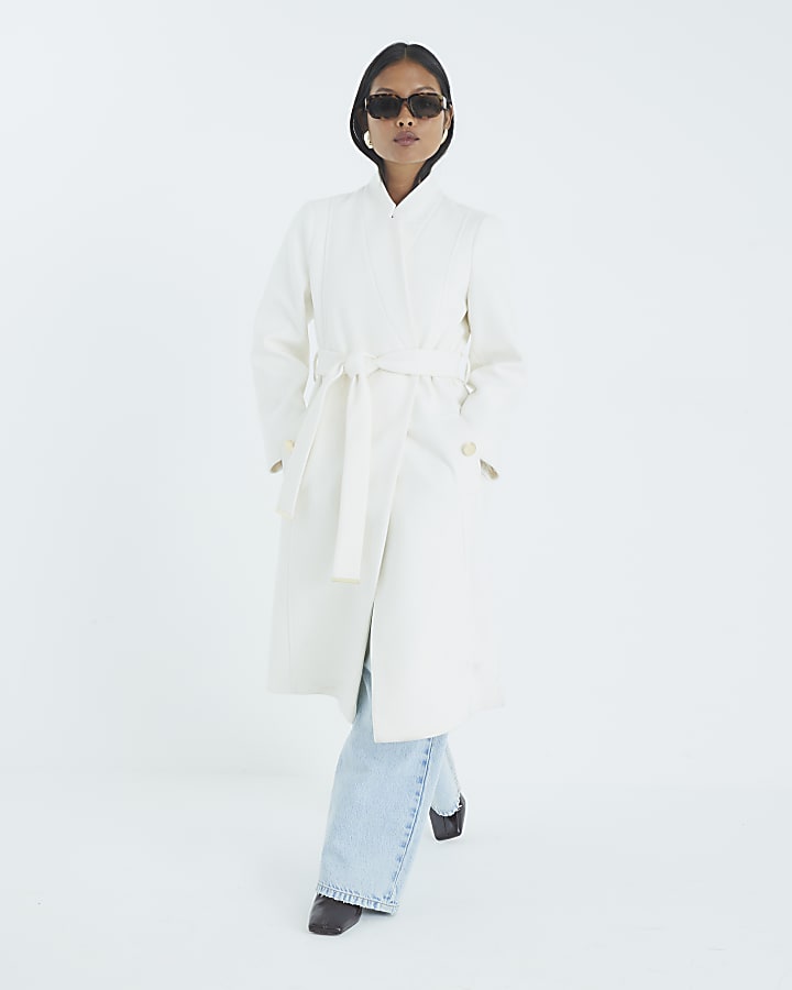 River Island Petite Cream Notch Collar Belted Wrap Coat