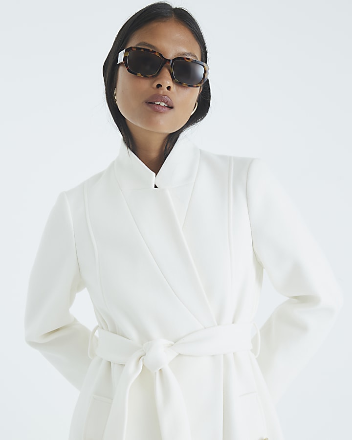 River Island Petite Cream Notch Collar Belted Wrap Coat