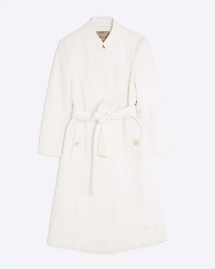 river island Petite Cream Notch Collar Belted Wrap Coat