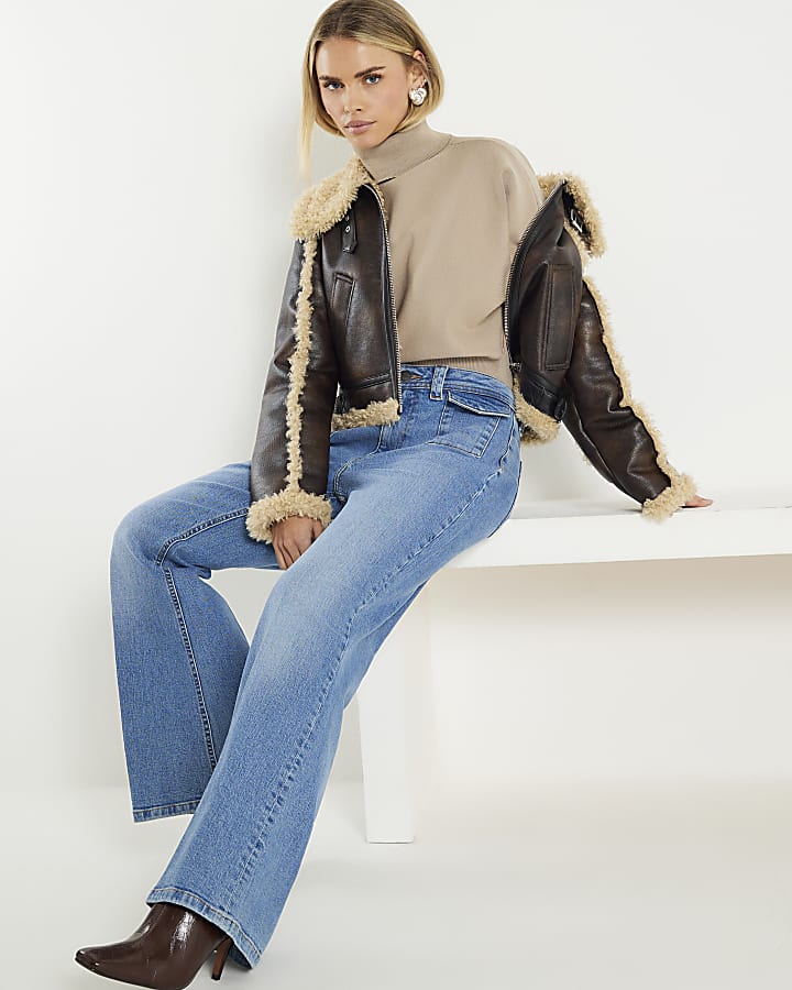 River Island Petite Denim High Waisted Relaxed Flare Jeans