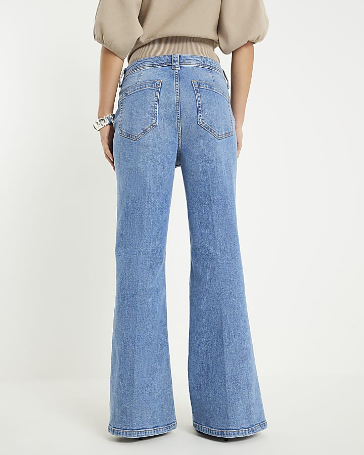 River Island Petite Denim High Waisted Relaxed Flare Jeans